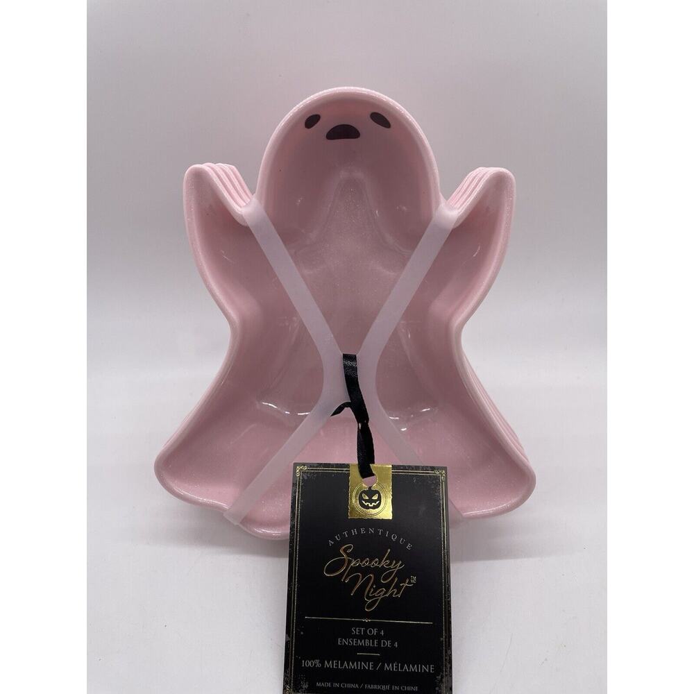 SPOOKY NIGHT Pink Halloween Ghost Melamine Appetizer (4) & Large Bowl NWT